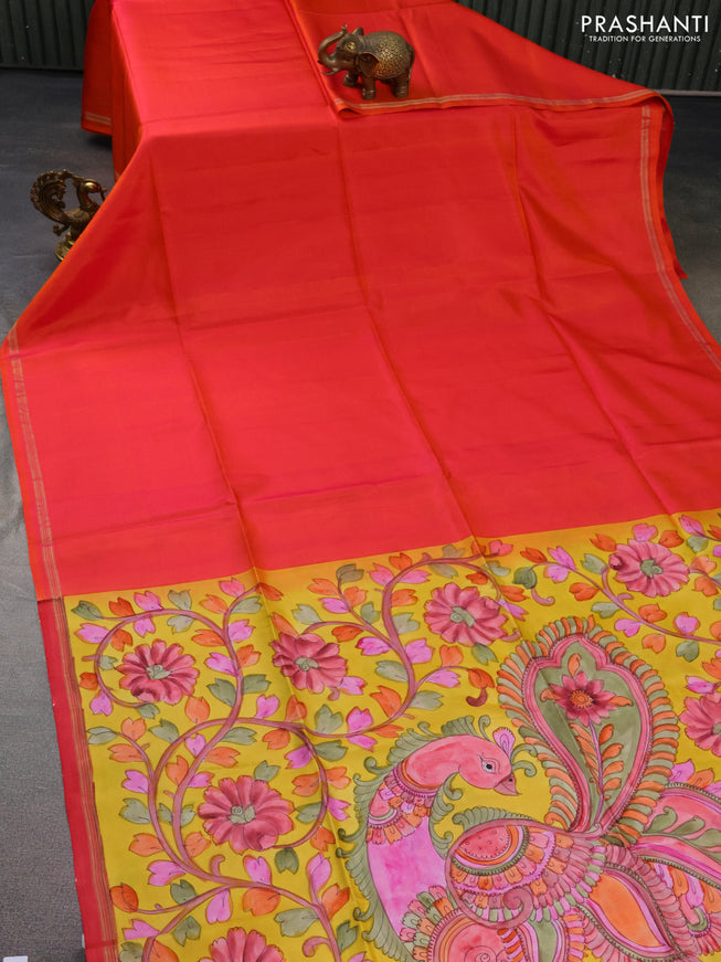 Pure soft silk saree dual shade of pinkish orange and yellow with plain body and hand painted kalamkari printed pallu