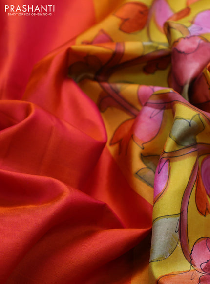 Pure soft silk saree dual shade of pinkish orange and yellow with plain body and hand painted kalamkari printed pallu