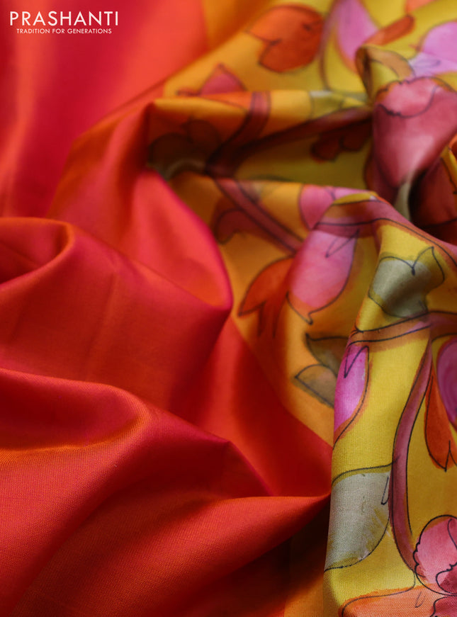 Pure soft silk saree dual shade of pinkish orange and yellow with plain body and hand painted kalamkari printed pallu