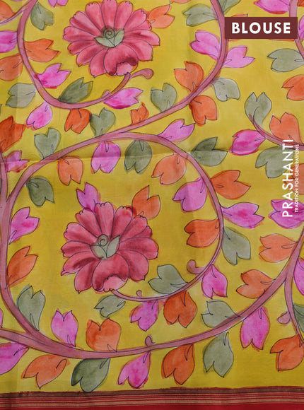 Pure soft silk saree dual shade of pinkish orange and yellow with plain body and hand painted kalamkari printed pallu