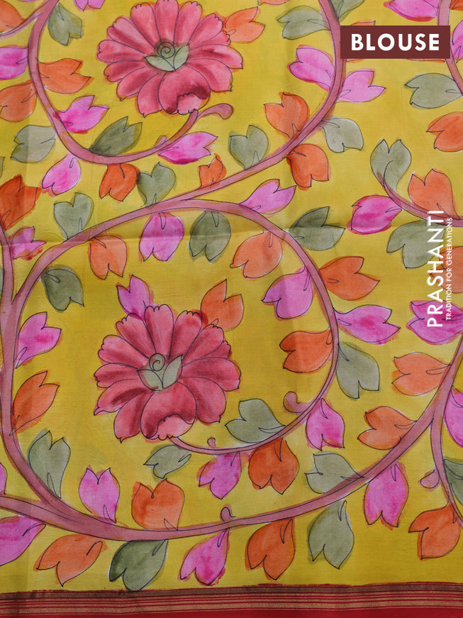 Pure soft silk saree dual shade of pinkish orange and yellow with plain body and hand painted kalamkari printed pallu