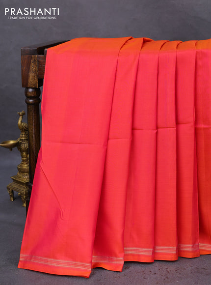 Pure soft silk saree dual shade of pinkish orange and elaichi green with plain body and hand painted kalamkari printed pallu