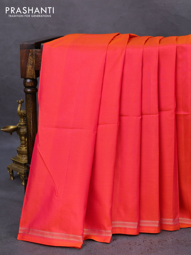 Pure soft silk saree dual shade of pinkish orange and elaichi green with plain body and hand painted kalamkari printed pallu