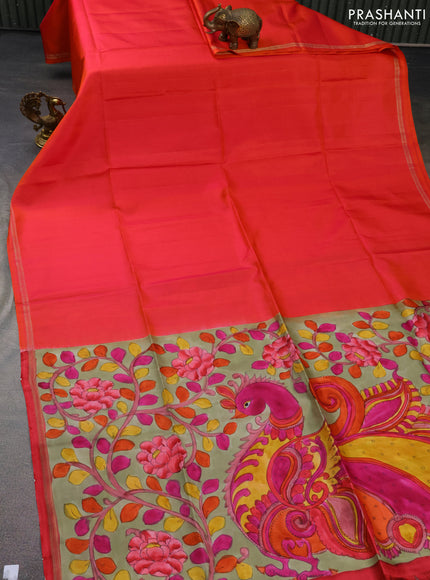 Pure soft silk saree dual shade of pinkish orange and elaichi green with plain body and hand painted kalamkari printed pallu