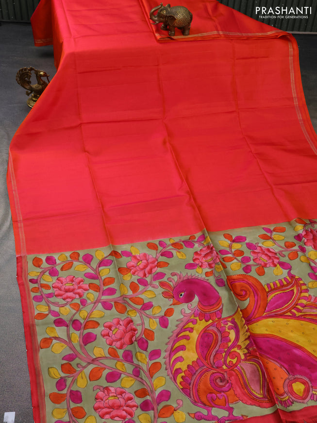 Pure soft silk saree dual shade of pinkish orange and elaichi green with plain body and hand painted kalamkari printed pallu