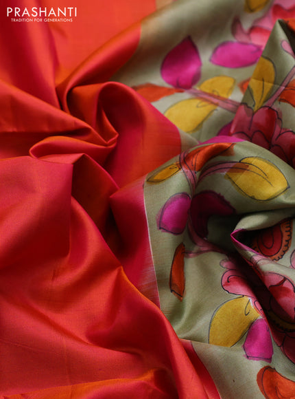 Pure soft silk saree dual shade of pinkish orange and elaichi green with plain body and hand painted kalamkari printed pallu