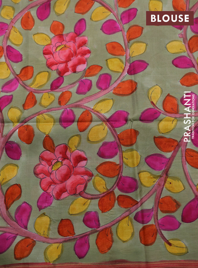 Pure soft silk saree dual shade of pinkish orange and elaichi green with plain body and hand painted kalamkari printed pallu
