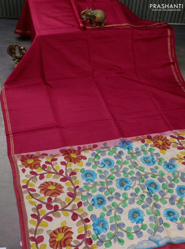 Pure soft silk saree dark pink and cream with plain body and hand painted kalamkari printed pallu