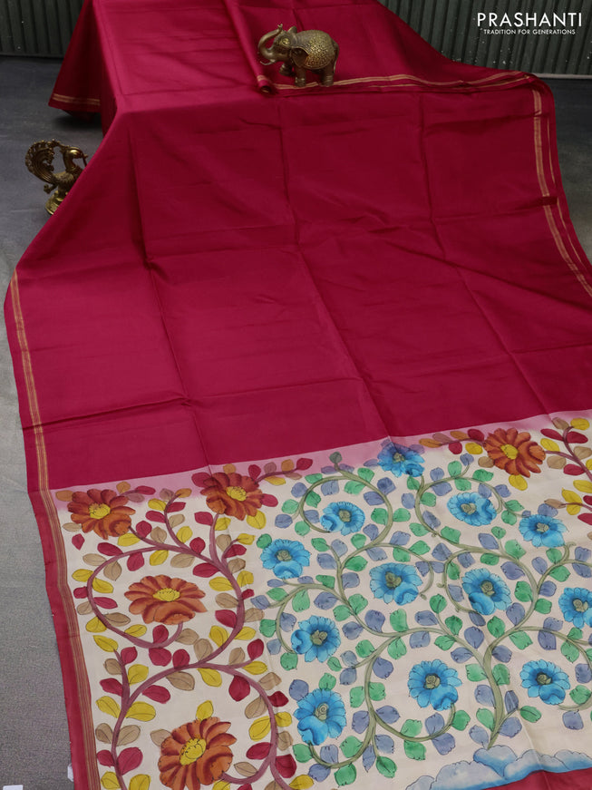 Pure soft silk saree dark pink and cream with plain body and hand painted kalamkari printed pallu