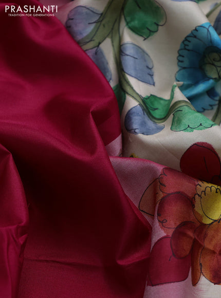 Pure soft silk saree dark pink and cream with plain body and hand painted kalamkari printed pallu