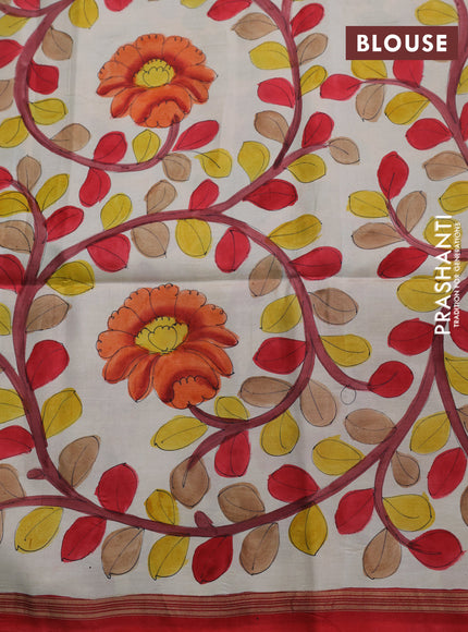 Pure soft silk saree dark pink and cream with plain body and hand painted kalamkari printed pallu