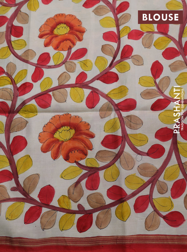 Pure soft silk saree dark pink and cream with plain body and hand painted kalamkari printed pallu