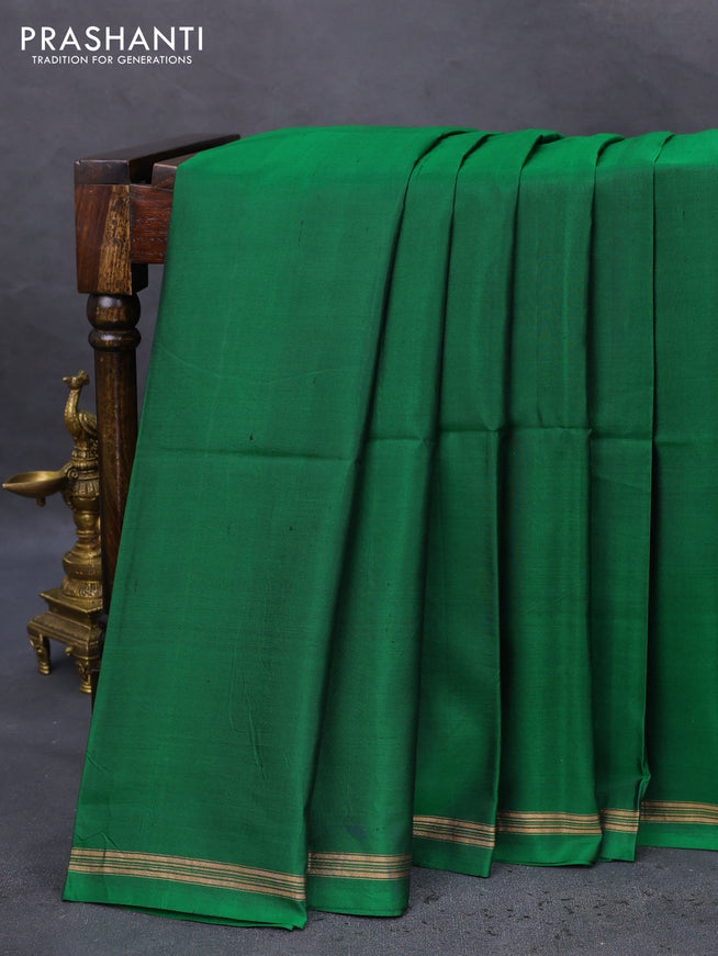 Pure soft silk saree green and orange with plain body and hand painted kalamkari printed pallu