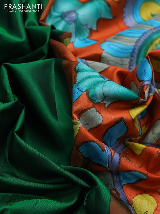 Pure soft silk saree green and orange with plain body and hand painted kalamkari printed pallu