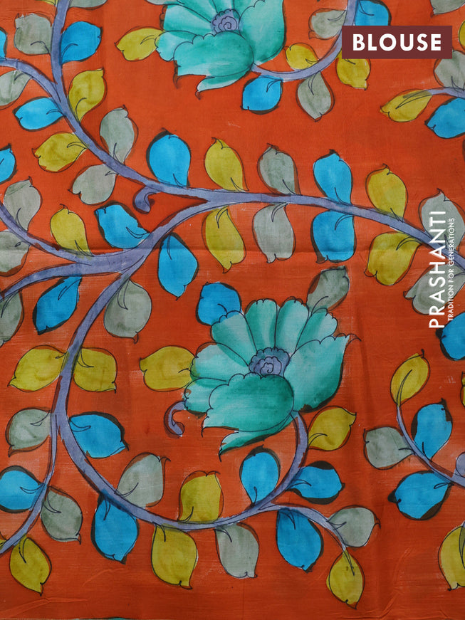Pure soft silk saree green and orange with plain body and hand painted kalamkari printed pallu