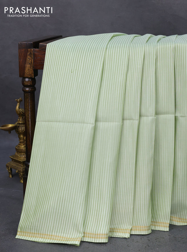 Pure soft silk saree pista green and orange with allover stripes pattern and hand painted kalamkari printed pallu