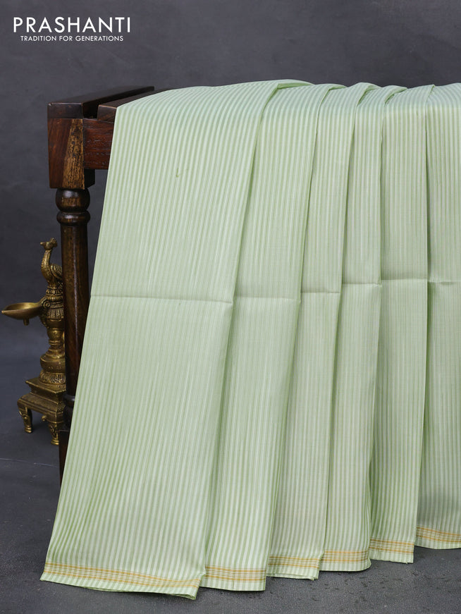 Pure soft silk saree pista green and orange with allover stripes pattern and hand painted kalamkari printed pallu