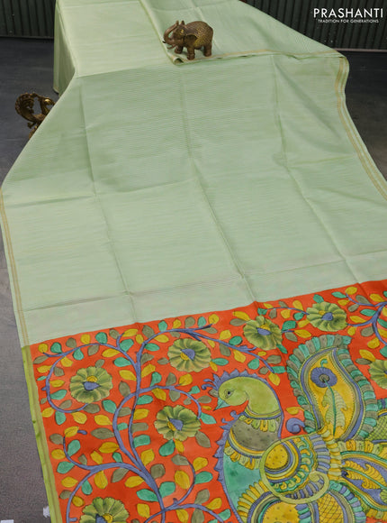 Pure soft silk saree pista green and orange with allover stripes pattern and hand painted kalamkari printed pallu