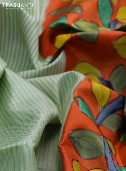 Pure soft silk saree pista green and orange with allover stripes pattern and hand painted kalamkari printed pallu