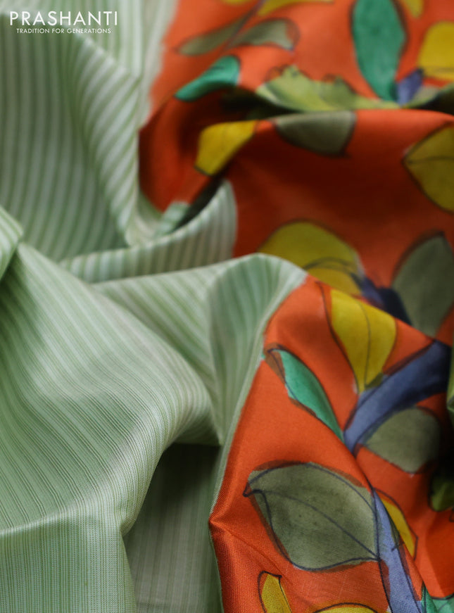 Pure soft silk saree pista green and orange with allover stripes pattern and hand painted kalamkari printed pallu