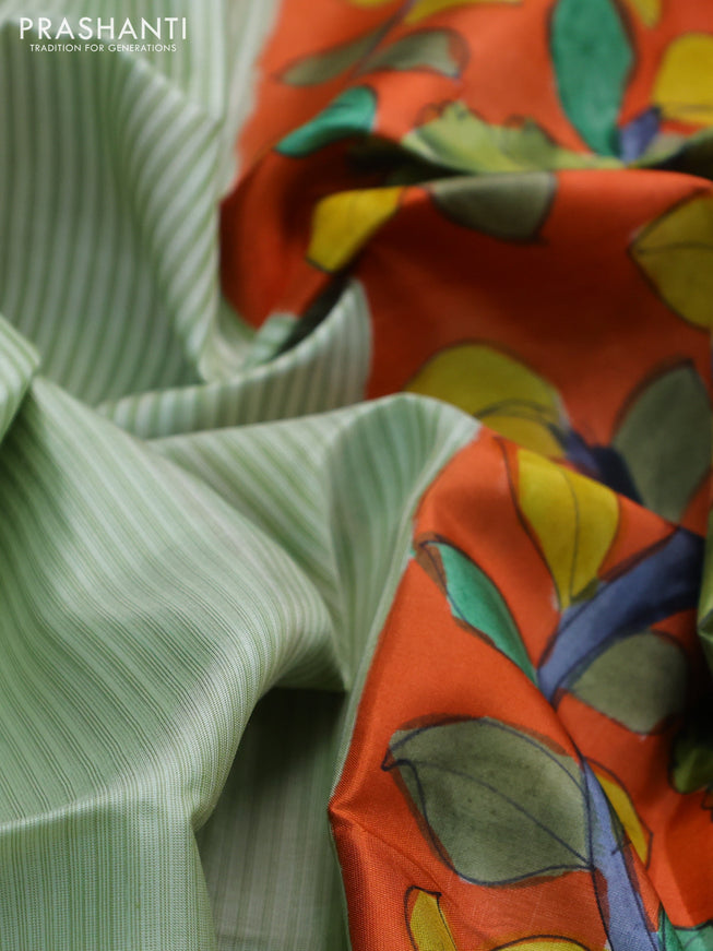 Pure soft silk saree pista green and orange with allover stripes pattern and hand painted kalamkari printed pallu