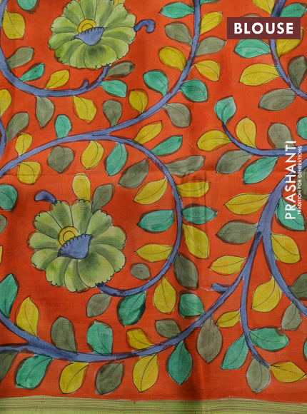 Pure soft silk saree pista green and orange with allover stripes pattern and hand painted kalamkari printed pallu