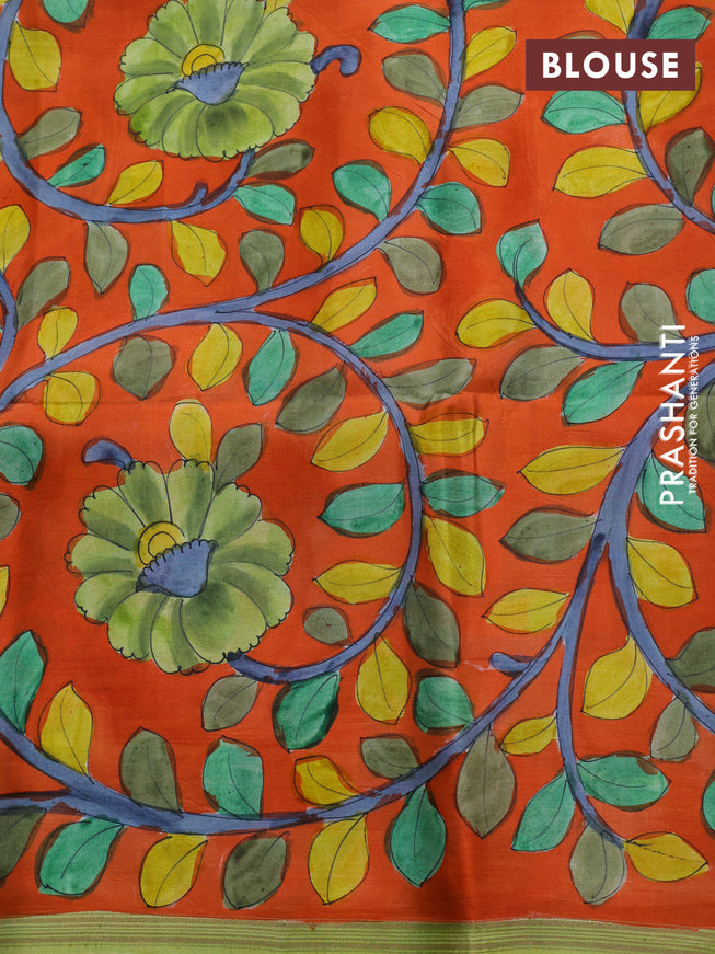 Pure soft silk saree pista green and orange with allover stripes pattern and hand painted kalamkari printed pallu
