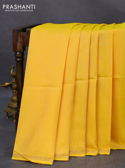 Pure soft silk saree yellow and cs blue with allover stripes pattern and hand painted kalamkari printed pallu