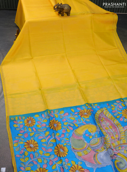 Pure soft silk saree yellow and cs blue with allover stripes pattern and hand painted kalamkari printed pallu