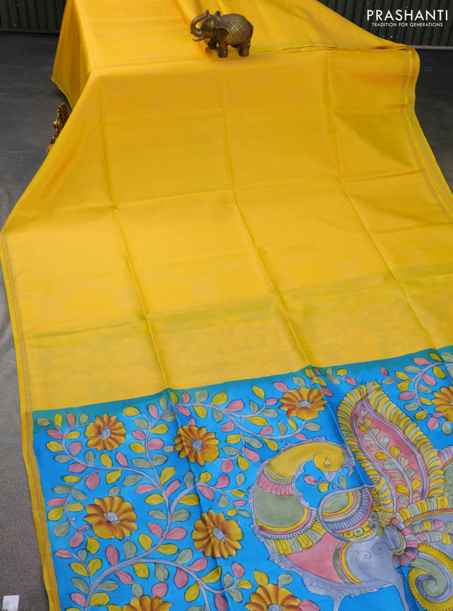 Pure soft silk saree yellow and cs blue with allover stripes pattern and hand painted kalamkari printed pallu