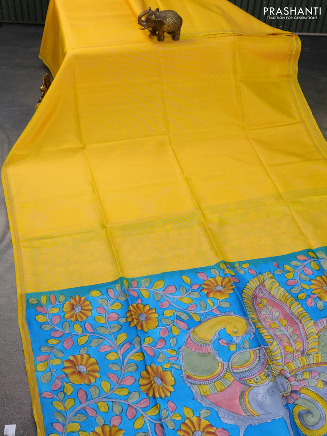 Pure soft silk saree yellow and cs blue with allover stripes pattern and hand painted kalamkari printed pallu