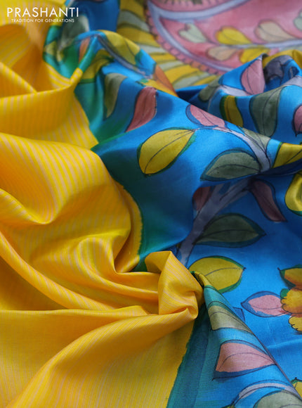 Pure soft silk saree yellow and cs blue with allover stripes pattern and hand painted kalamkari printed pallu