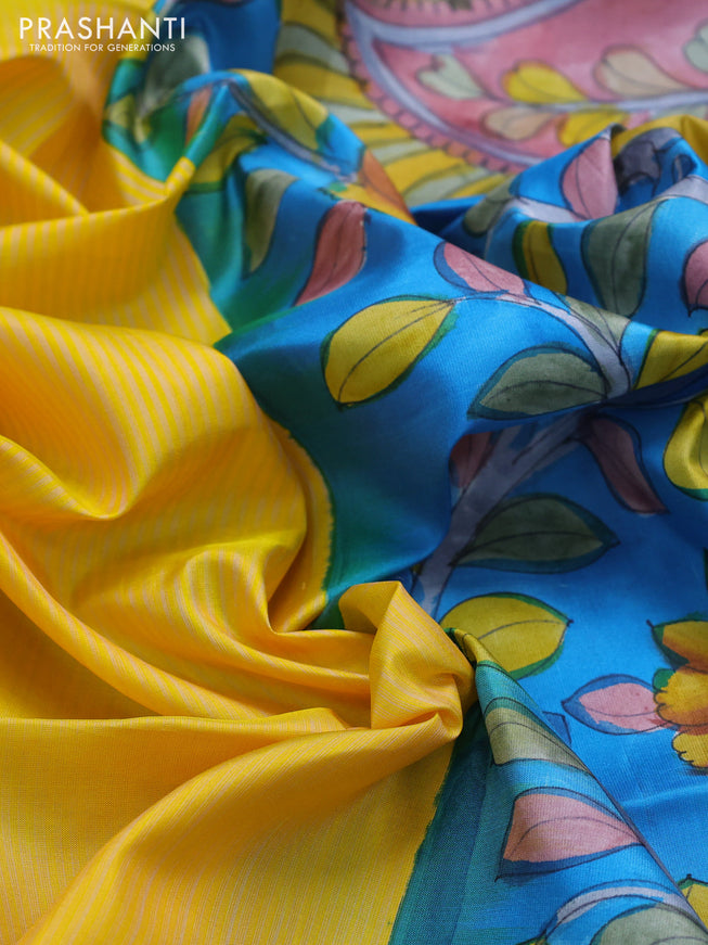 Pure soft silk saree yellow and cs blue with allover stripes pattern and hand painted kalamkari printed pallu