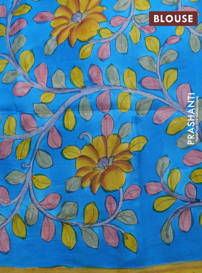 Pure soft silk saree yellow and cs blue with allover stripes pattern and hand painted kalamkari printed pallu