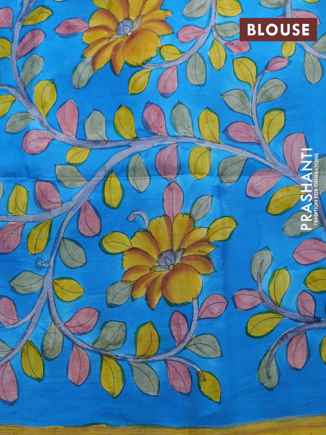 Pure soft silk saree yellow and cs blue with allover stripes pattern and hand painted kalamkari printed pallu