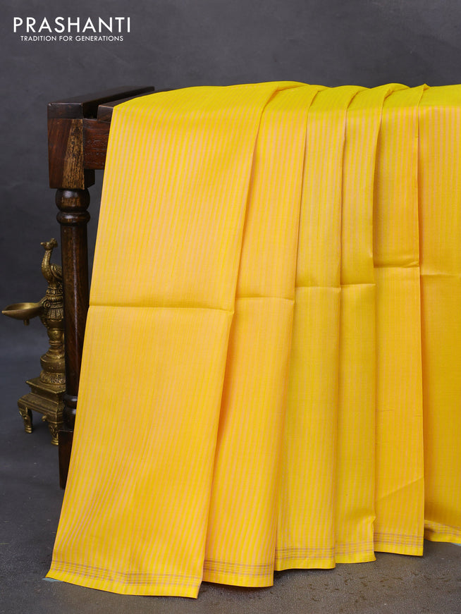 Pure soft silk saree yellow and cs blue with allover stripes pattern and hand painted kalamkari printed pallu