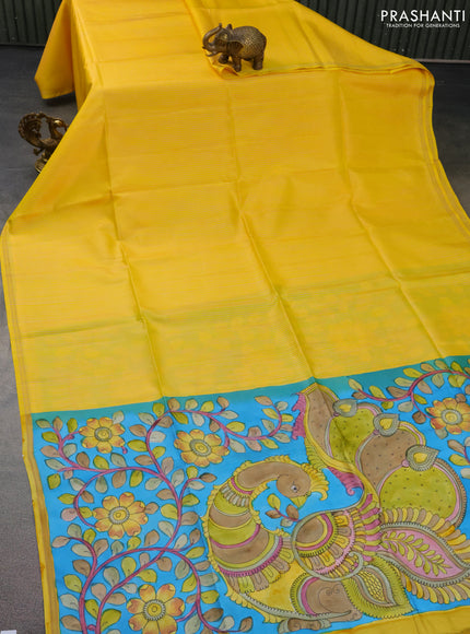 Pure soft silk saree yellow and cs blue with allover stripes pattern and hand painted kalamkari printed pallu
