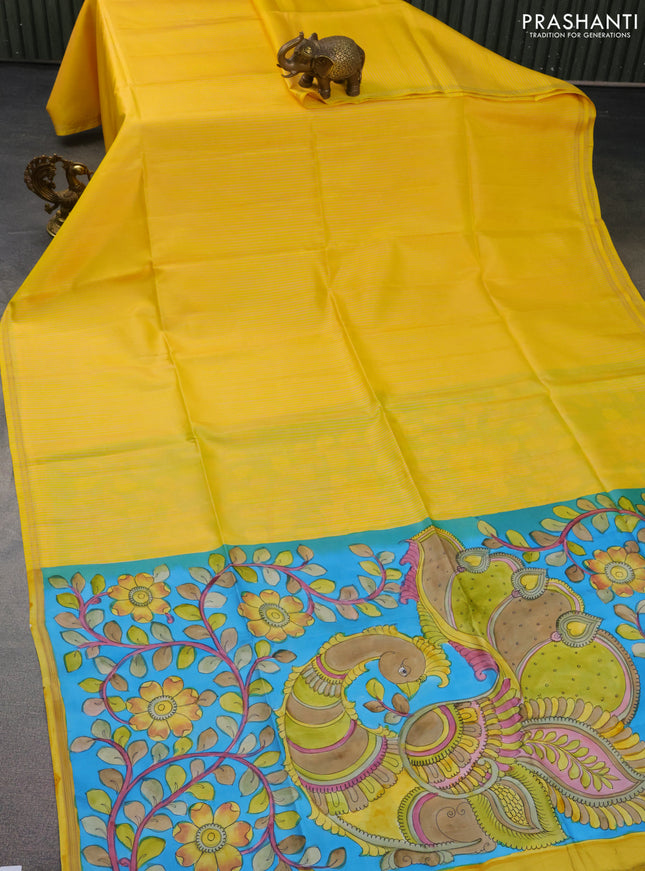Pure soft silk saree yellow and cs blue with allover stripes pattern and hand painted kalamkari printed pallu