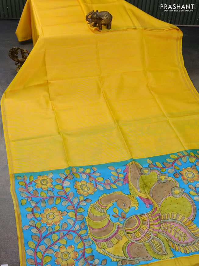Pure soft silk saree yellow and cs blue with allover stripes pattern and hand painted kalamkari printed pallu