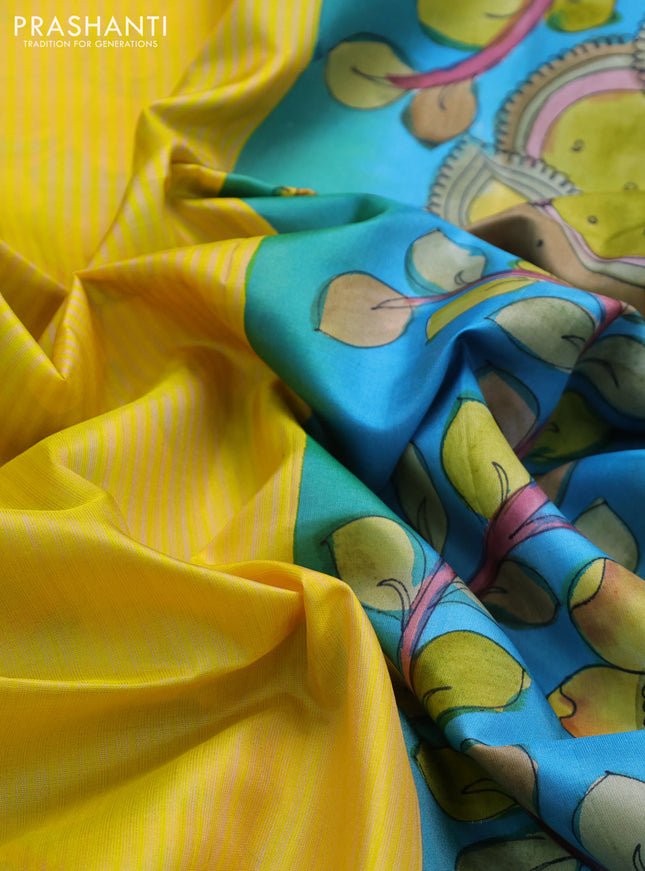 Pure soft silk saree yellow and cs blue with allover stripes pattern and hand painted kalamkari printed pallu