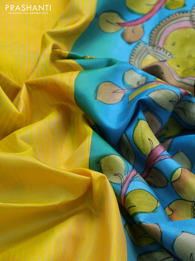 Pure soft silk saree yellow and cs blue with allover stripes pattern and hand painted kalamkari printed pallu