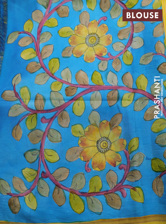 Pure soft silk saree yellow and cs blue with allover stripes pattern and hand painted kalamkari printed pallu