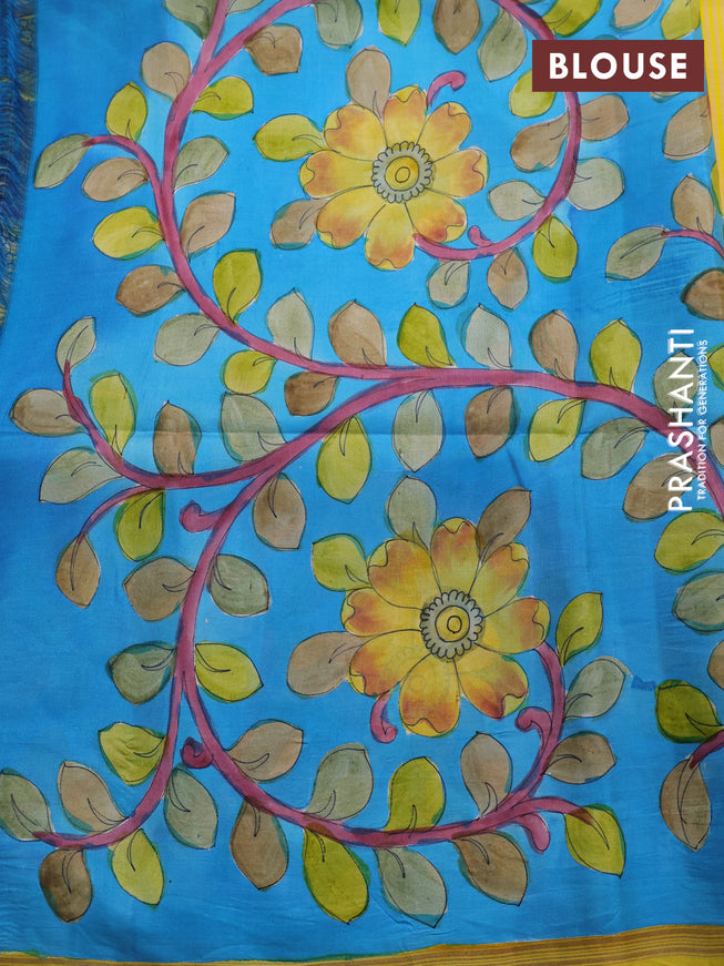 Pure soft silk saree yellow and cs blue with allover stripes pattern and hand painted kalamkari printed pallu