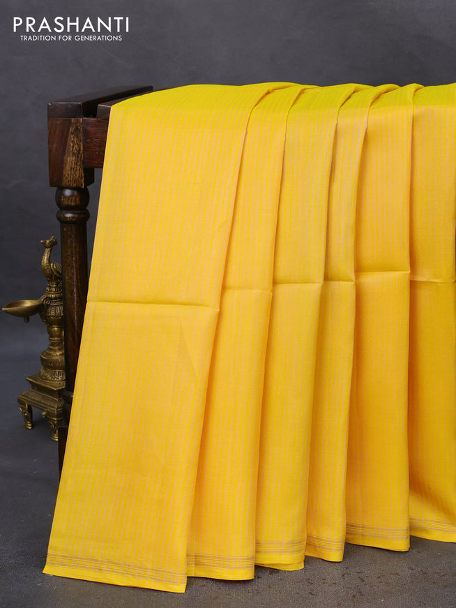 Pure soft silk saree yellow and purple with allover stripes pattern and hand painted kalamkari printed pallu