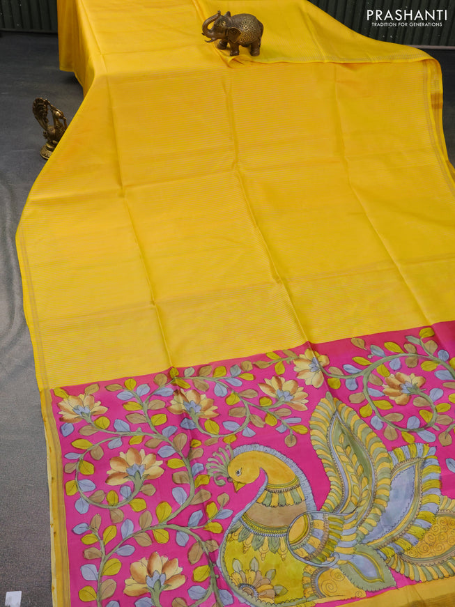 Pure soft silk saree yellow and purple with allover stripes pattern and hand painted kalamkari printed pallu