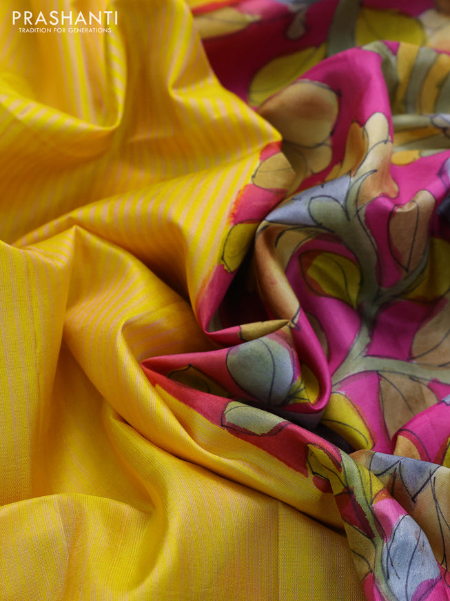 Pure soft silk saree yellow and purple with allover stripes pattern and hand painted kalamkari printed pallu