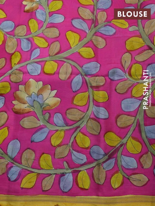 Pure soft silk saree yellow and purple with allover stripes pattern and hand painted kalamkari printed pallu