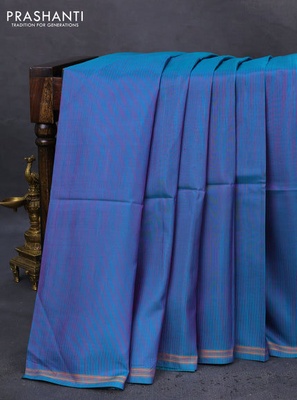 Pure soft silk saree teal blue and rustic orange with allover stripes pattern and hand painted kalamkari printed pallu