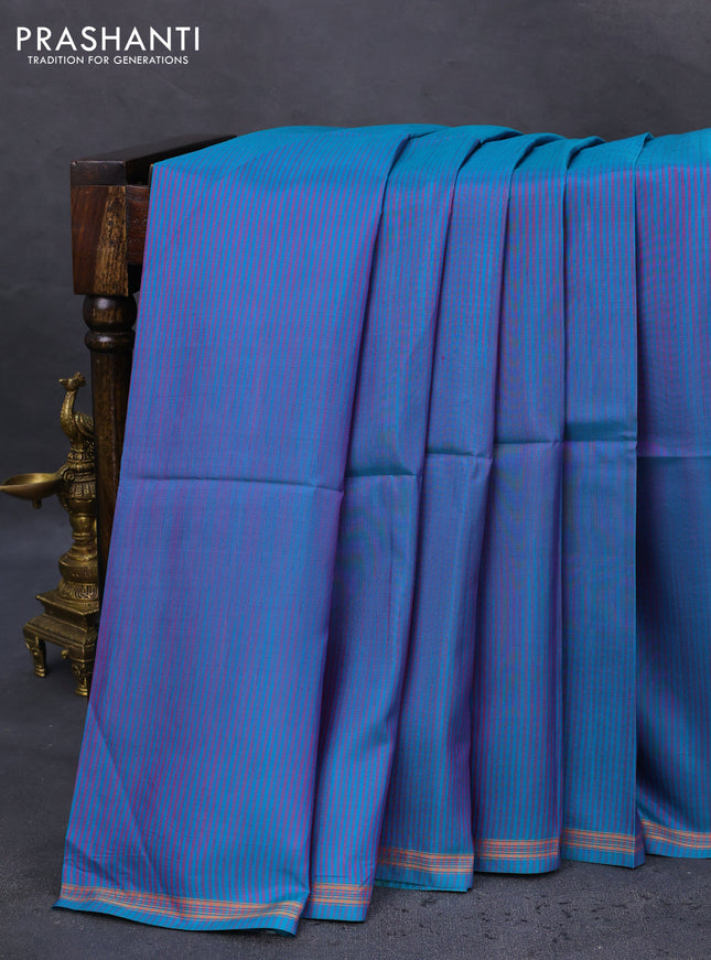 Pure soft silk saree teal blue and rustic orange with allover stripes pattern and hand painted kalamkari printed pallu