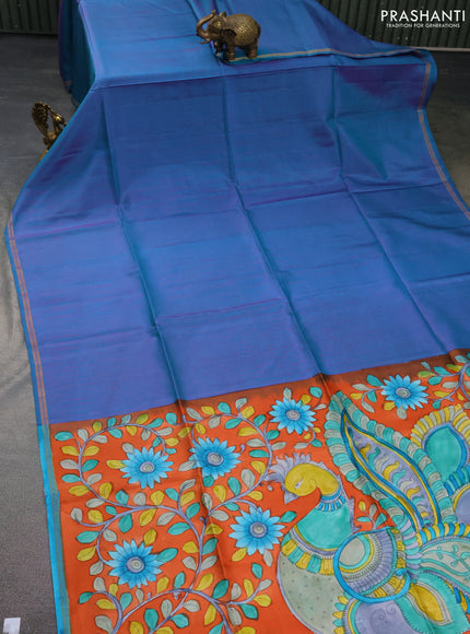 Pure soft silk saree teal blue and rustic orange with allover stripes pattern and hand painted kalamkari printed pallu